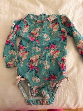 Ruffle Butts Teal Floral Long-Sleeve One-Piece Swimsuit